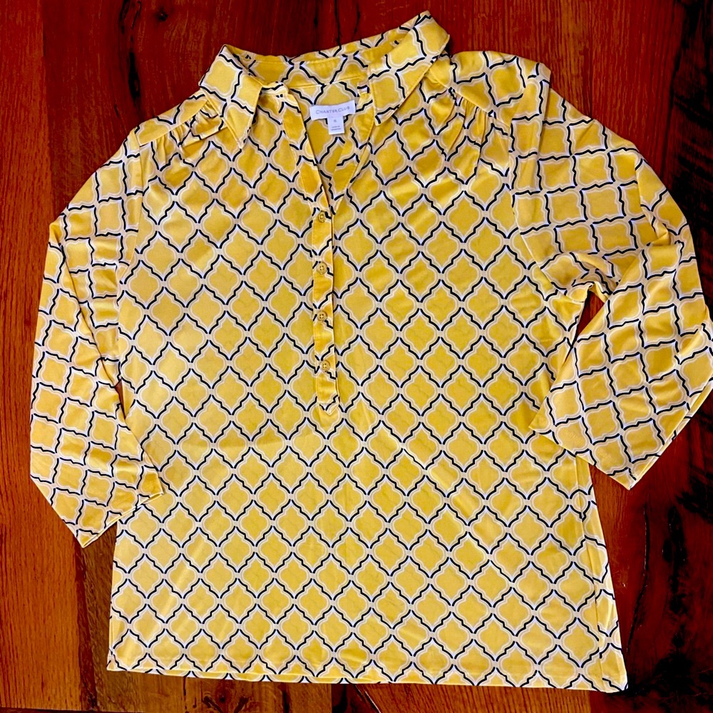 Charter Club Stretch Top in Pretty Lemon Yellow, Blue and White Print, Size XL